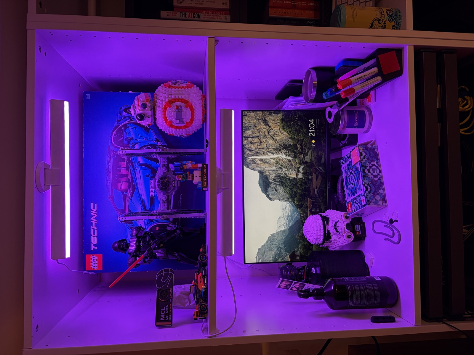 Display shelf with LEGO Technic Bugatti, Star Wars figures, BB-8, and Google Nest Hub